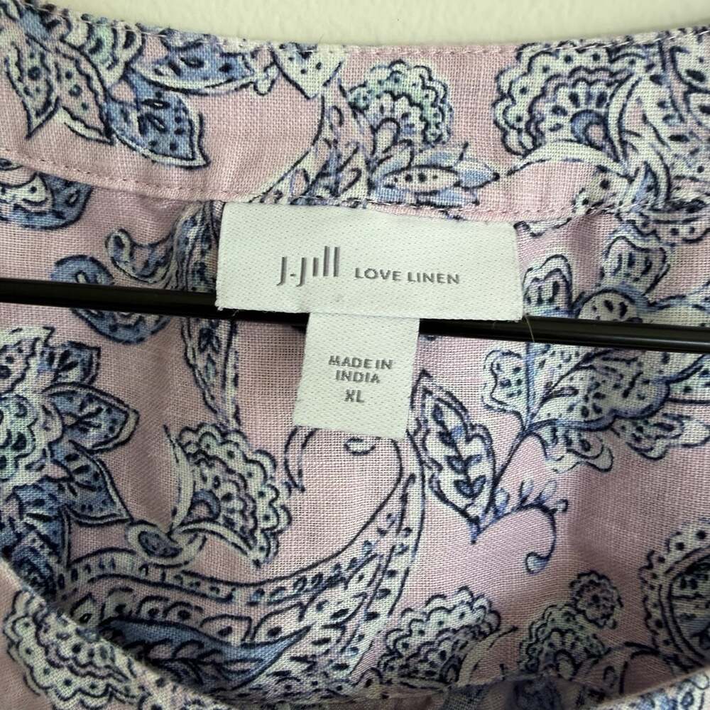 J. Jill Love 100% Linen Pleat Front Pink Blue Size XL Blouse Casual Paisley - Picture 4 of 6